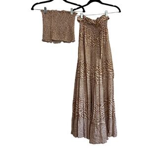 Home Holiday Skirt Set Women M Brown Zebra Print Smocked Boho Chic 2 Piece